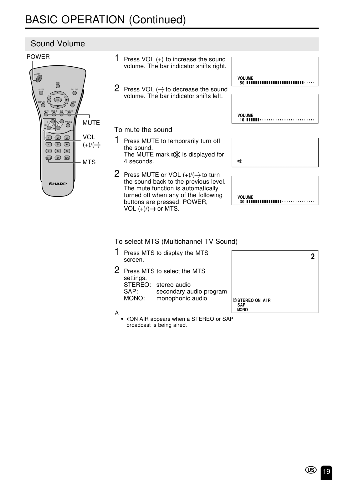 Sharp LC-20C3U, LC-13C3U, LC-15C3U operation manual Sound Volume, To mute the sound, To select MTS Multichannel TV Sound 