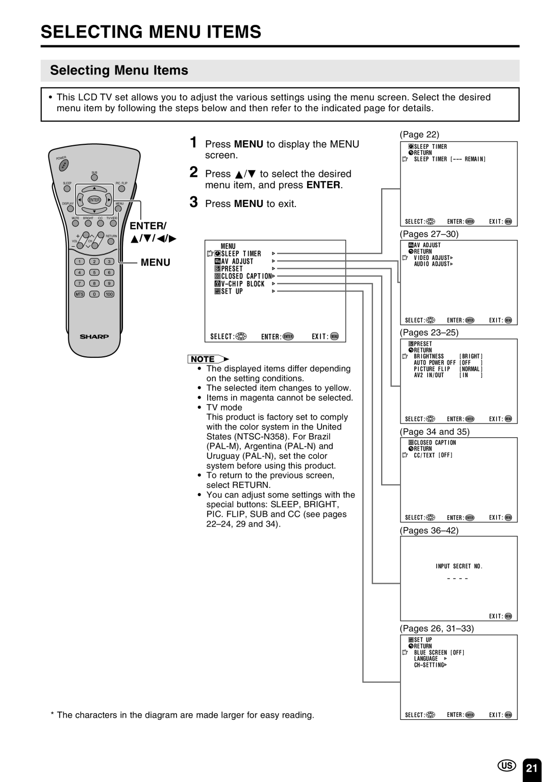 Sharp LC-15C3U, LC-13C3U, LC-20C3U operation manual Selecting Menu Items 