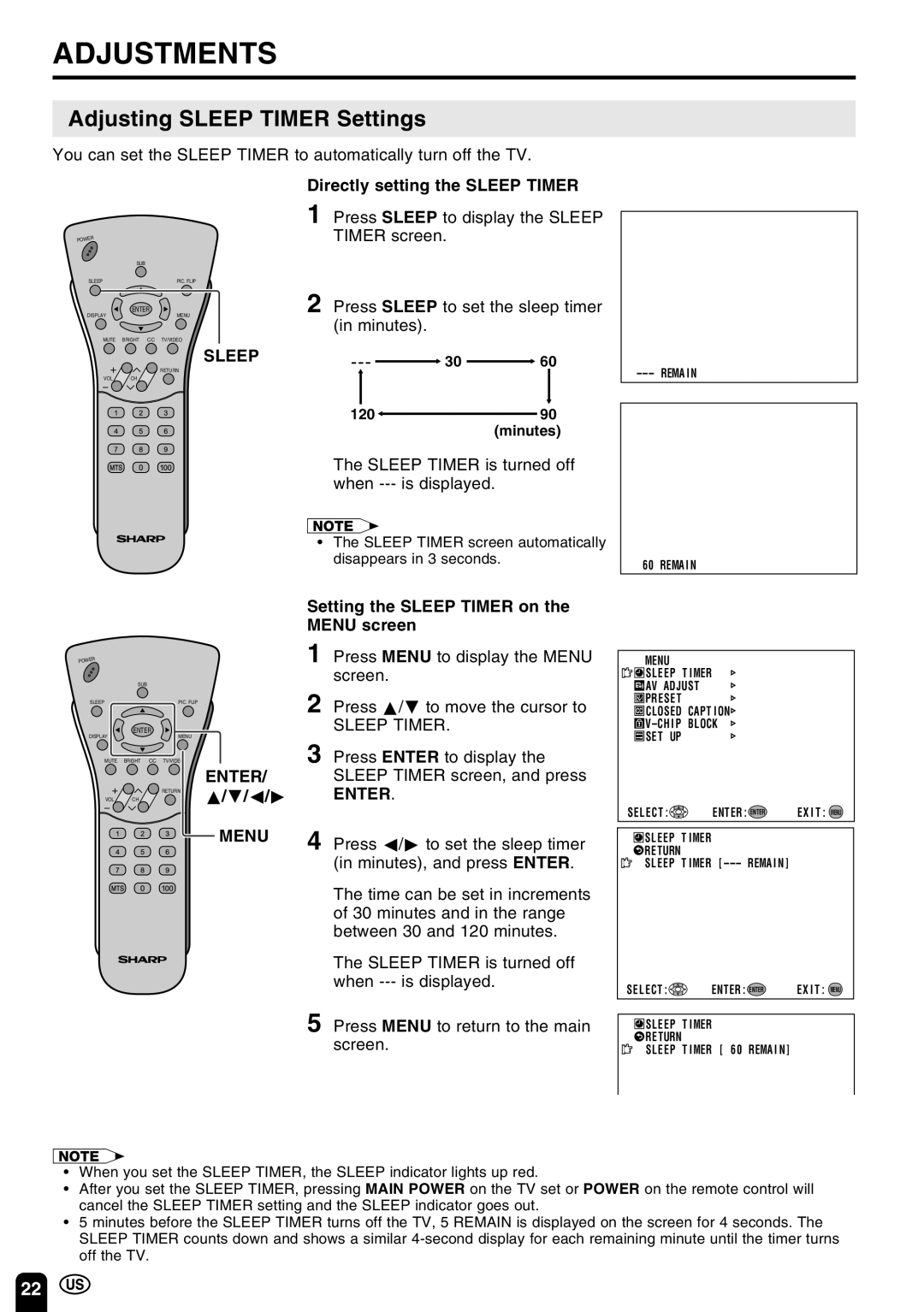 Sharp LC-20C3U, LC-13C3U, LC-15C3U Adjustments, Adjusting Sleep Timer Settings, Directly setting the Sleep Timer 