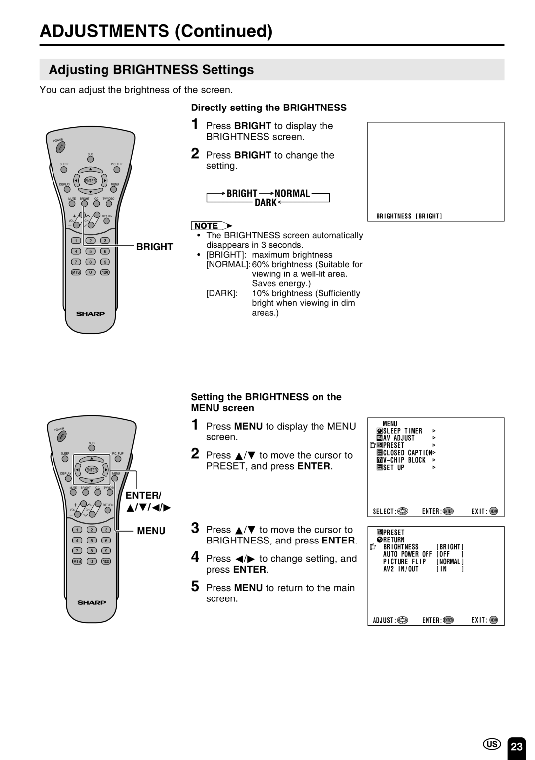 Sharp LC-13C3U, LC-15C3U, LC-20C3U operation manual Adjustments, Adjusting Brightness Settings, Bright Normal, Dark 