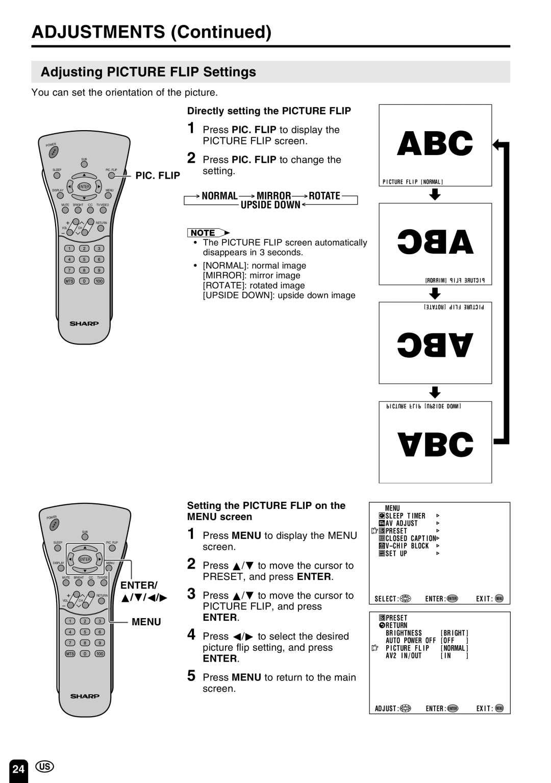 Sharp LC-15C3U, LC-13C3U, LC-20C3U Adjusting Picture Flip Settings, Directly setting the Picture Flip, PIC. Flip 