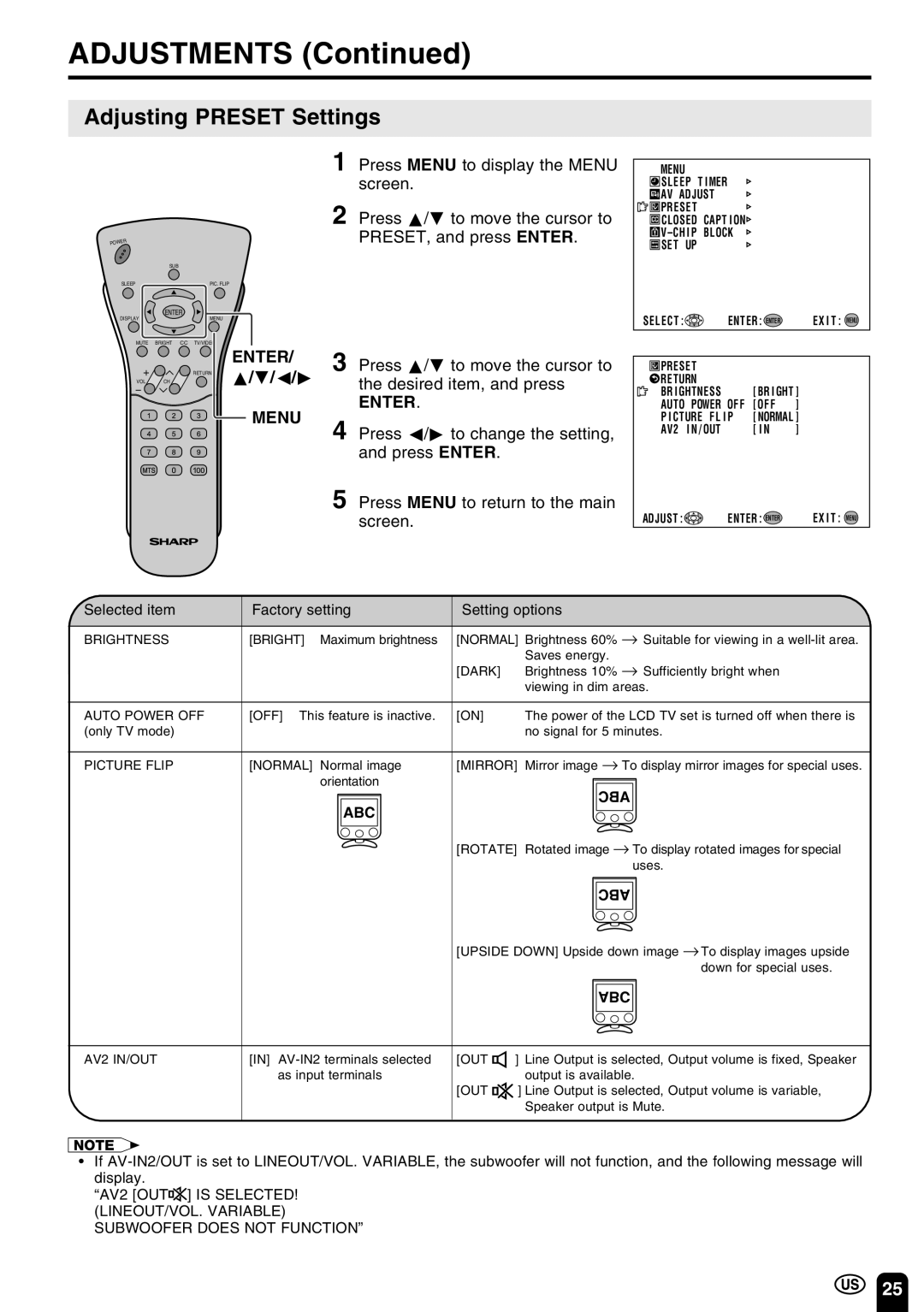 Sharp LC-20C3U, LC-13C3U, LC-15C3U Adjusting Preset Settings, Press a/bto move the cursor to the desired item, and press 