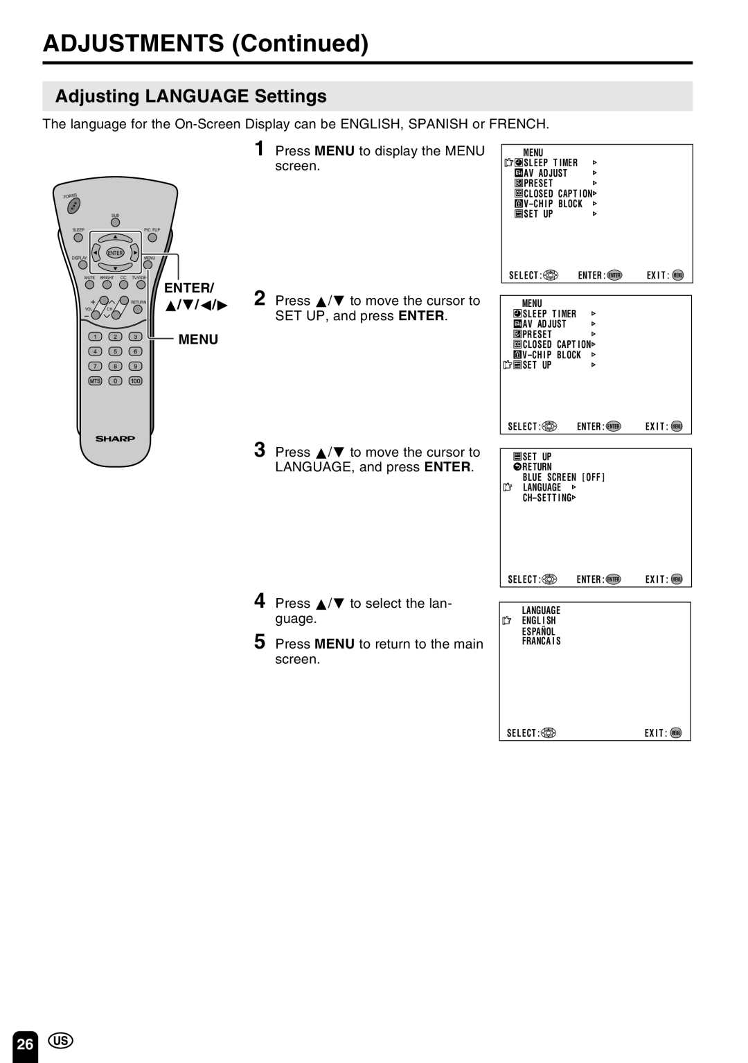 Sharp LC-13C3U, LC-15C3U, LC-20C3U operation manual Adjusting Language Settings 