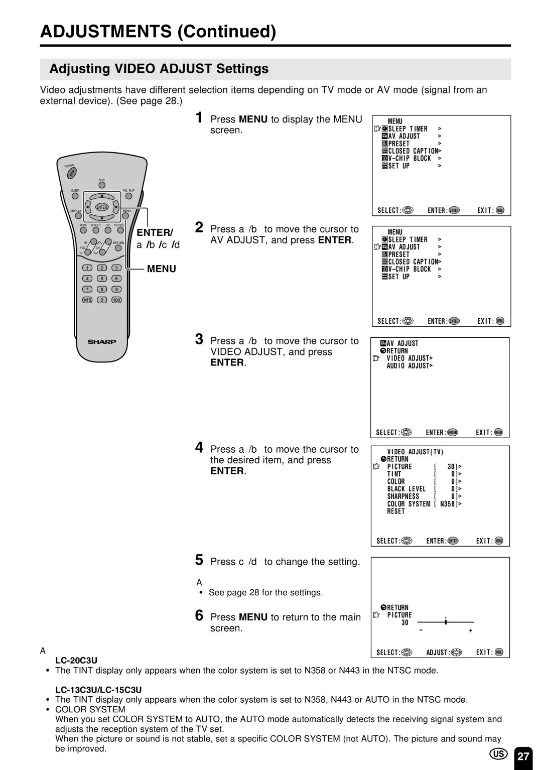 Sharp LC-15C3U, LC-13C3U, LC-20C3U operation manual Adjusting Video Adjust Settings, Press Menu to return to the main, Screen 