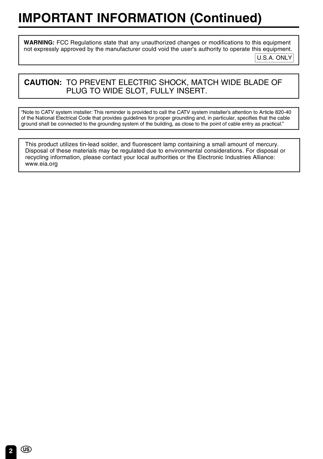 Sharp LC-13C3U, LC-15C3U, LC-20C3U operation manual Important Information 