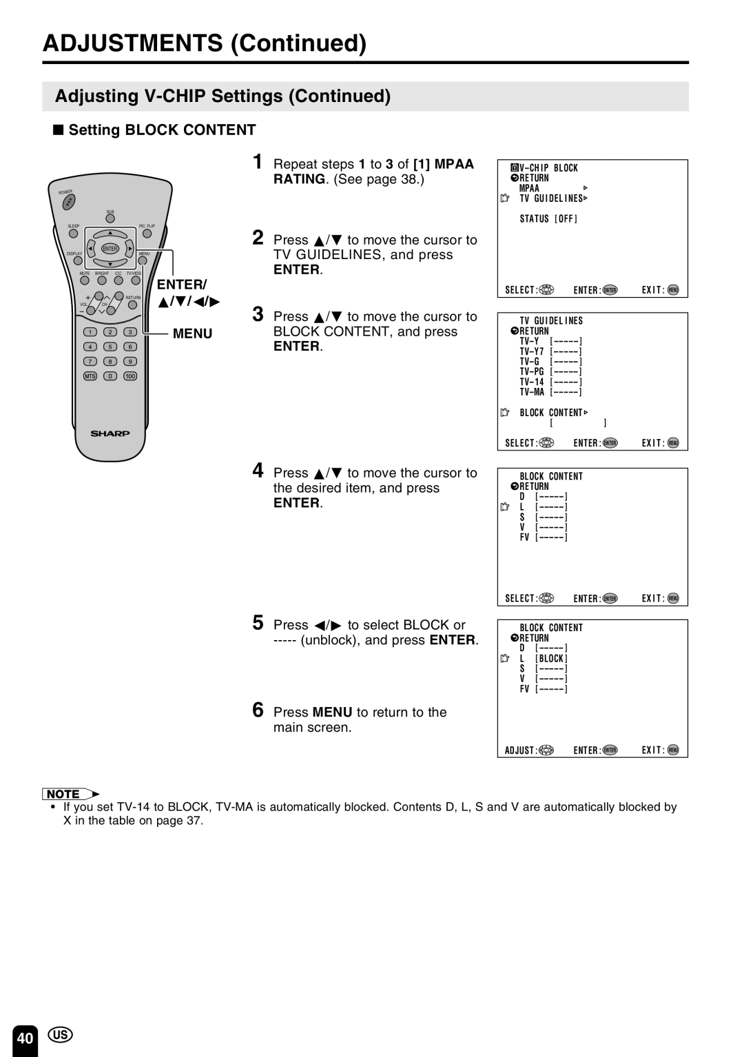 Sharp LC-20C3U, LC-13C3U, LC-15C3U operation manual Setting Block Content, Repeat steps 1 to 3 of 1 Mpaa RATING. See 