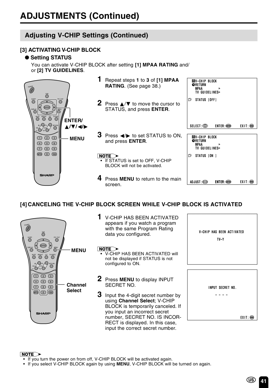 Sharp LC-13C3U, LC-15C3U, LC-20C3U operation manual Activating V-CHIP Block, Setting Status, Channel 