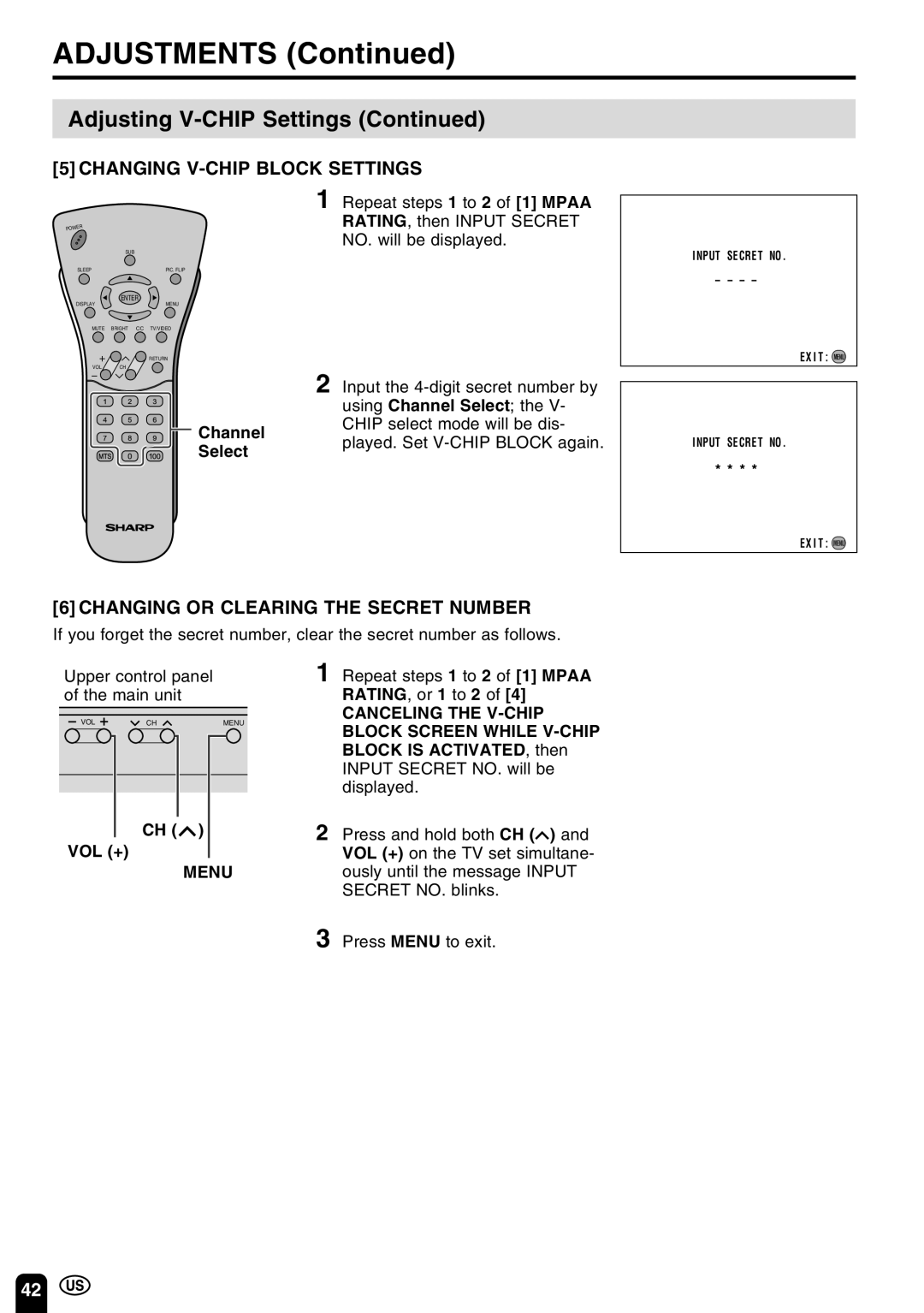 Sharp LC-15C3U, LC-13C3U, LC-20C3U operation manual Changing V-CHIP Block Settings, Changing or Clearing the Secret Number 