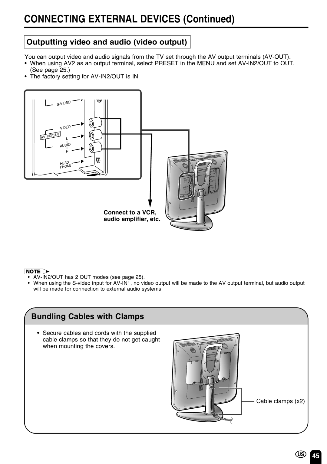 Sharp LC-15C3U, LC-13C3U, LC-20C3U operation manual Outputting video and audio video output, Bundling Cables with Clamps 