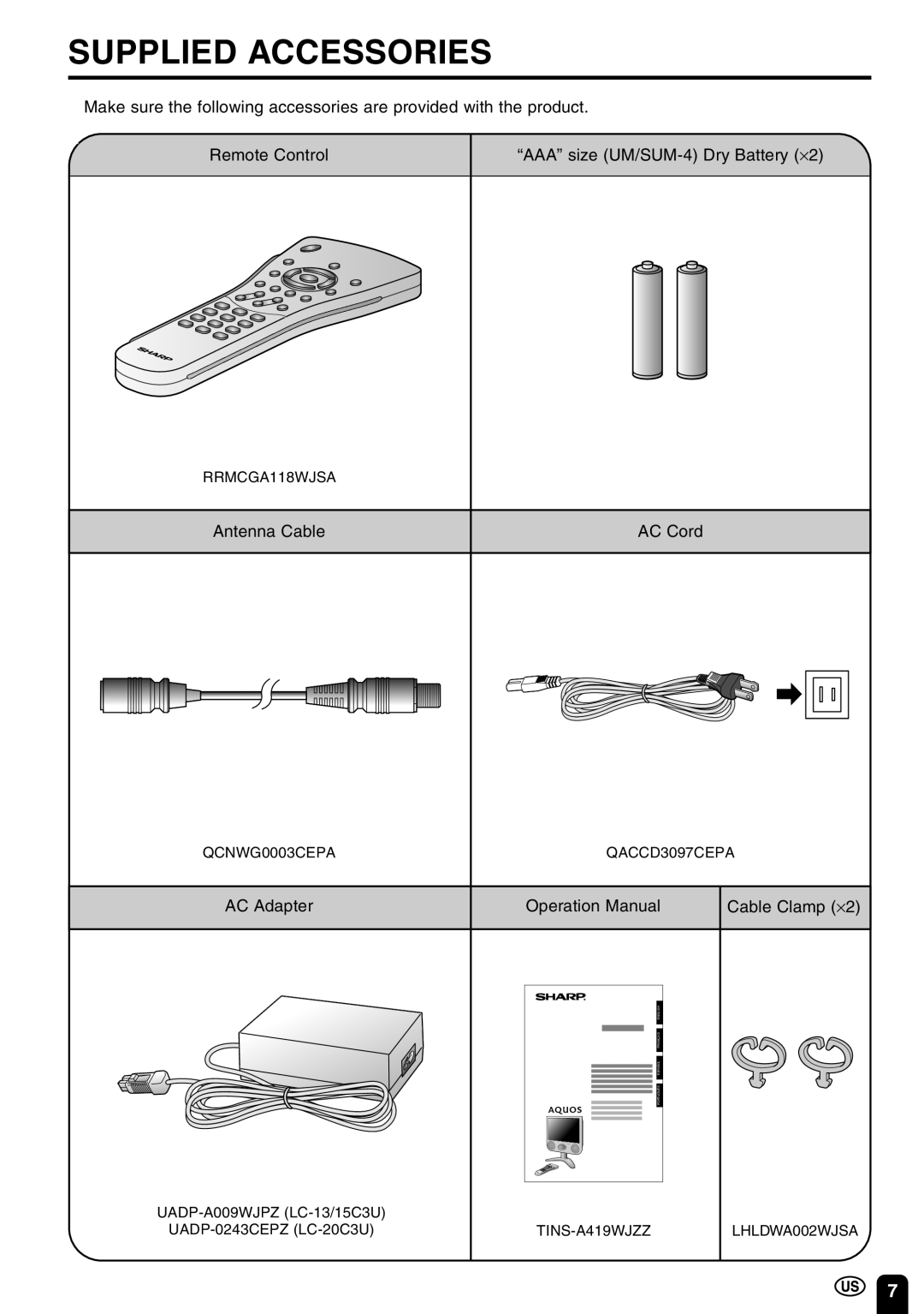 Sharp LC-20C3U, LC-13C3U, LC-15C3U operation manual Supplied Accessories, Antenna Cable AC Cord, AC Adapter Cable Clamp ⋅2 