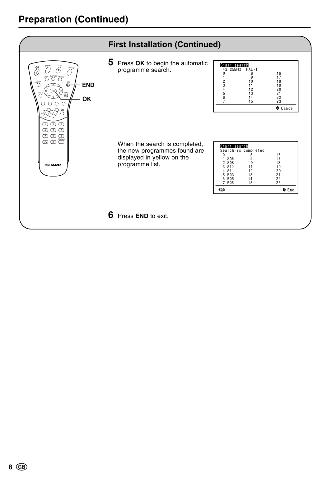 Sharp LC-15E13, LC-13E1E, LC-20E1E operation manual Press OK to begin the automatic programme search, Press END to exit 