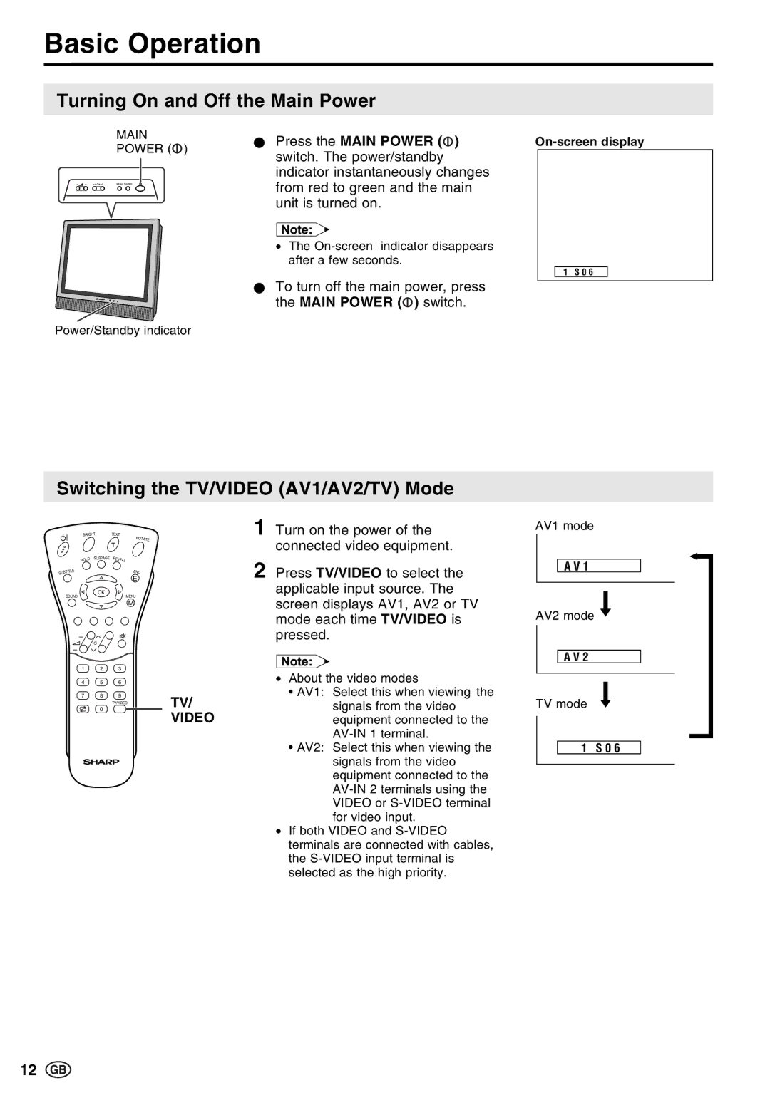 Sharp LC-20E1E, LC-13E1E Basic Operation, Turning On and Off the Main Power, Switching the TV/VIDEO AV1/AV2/TV Mode 