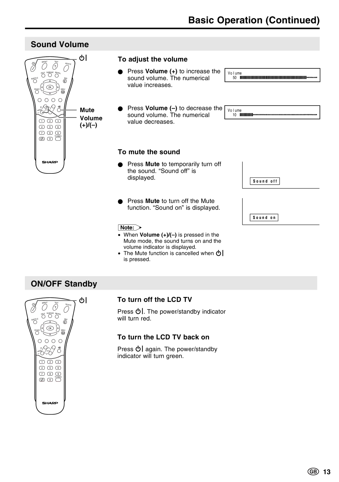 Sharp LC-13E1E, LC-15E13, LC-20E1E operation manual Basic Operation, Sound Volume, ON/OFF Standby, CHMute Volume + 