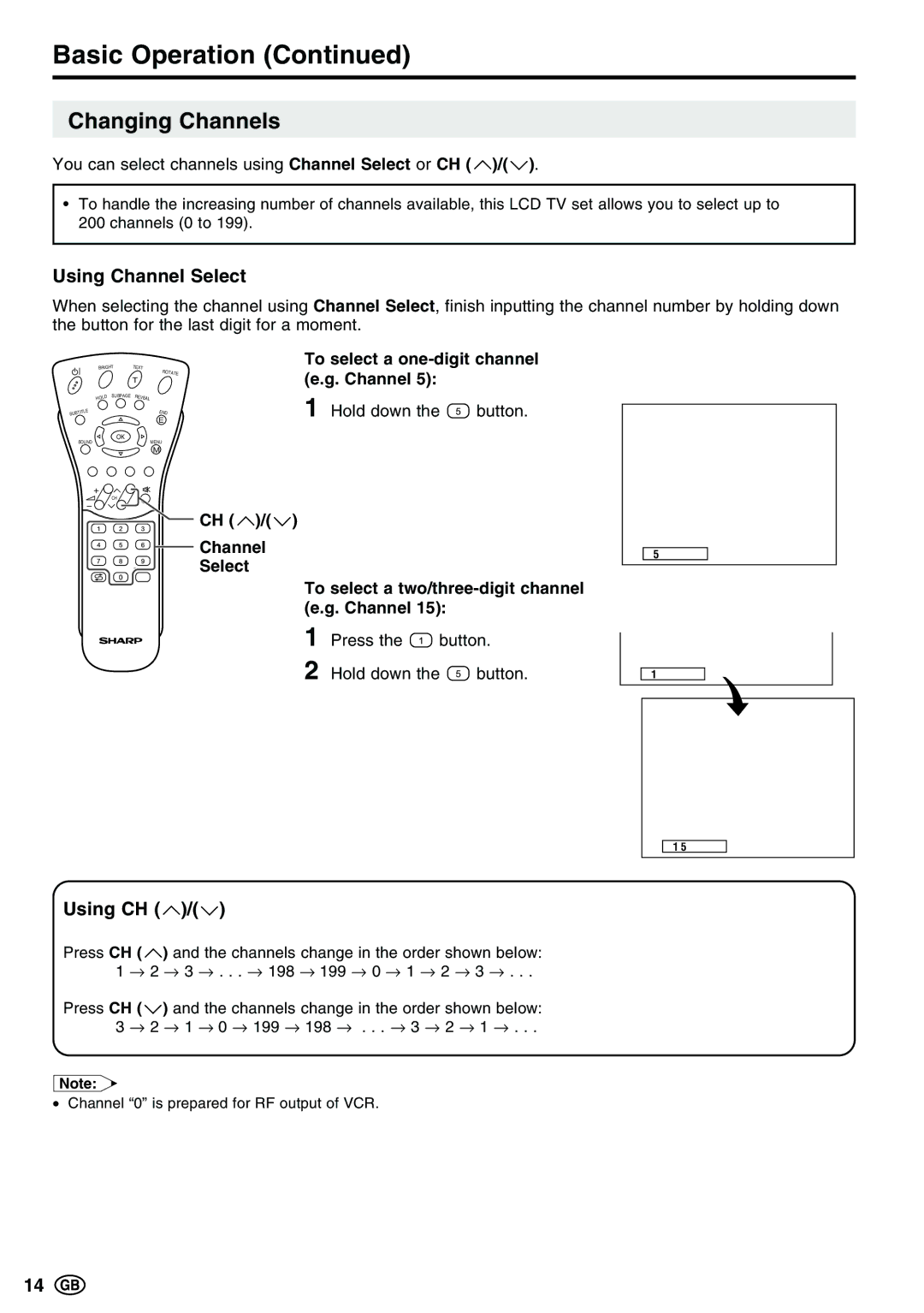 Sharp LC-15E13, LC-13E1E, LC-20E1E operation manual Changing Channels, To select a one-digit channel e.g. Channel 