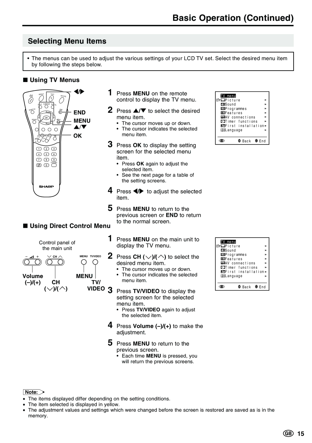 Sharp LC-20E1E, LC-13E1E, LC-15E13 operation manual Selecting Menu Items 