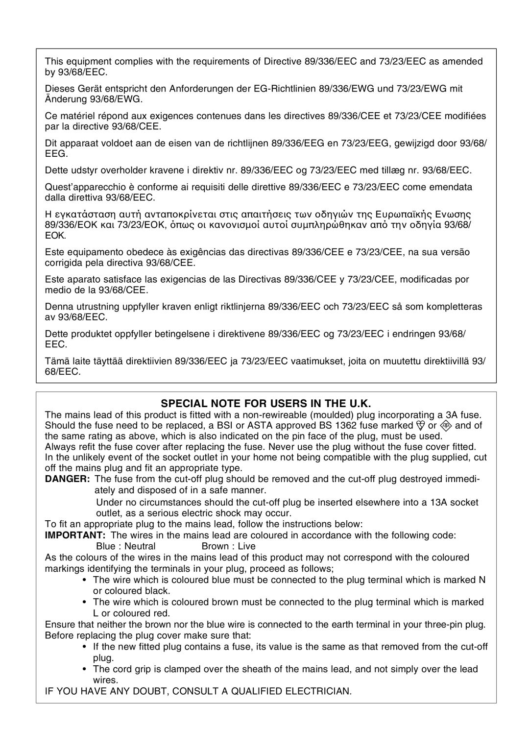 Sharp LC-20E1E, LC-13E1E, LC-15E13 operation manual Special Note for Users in the U.K 