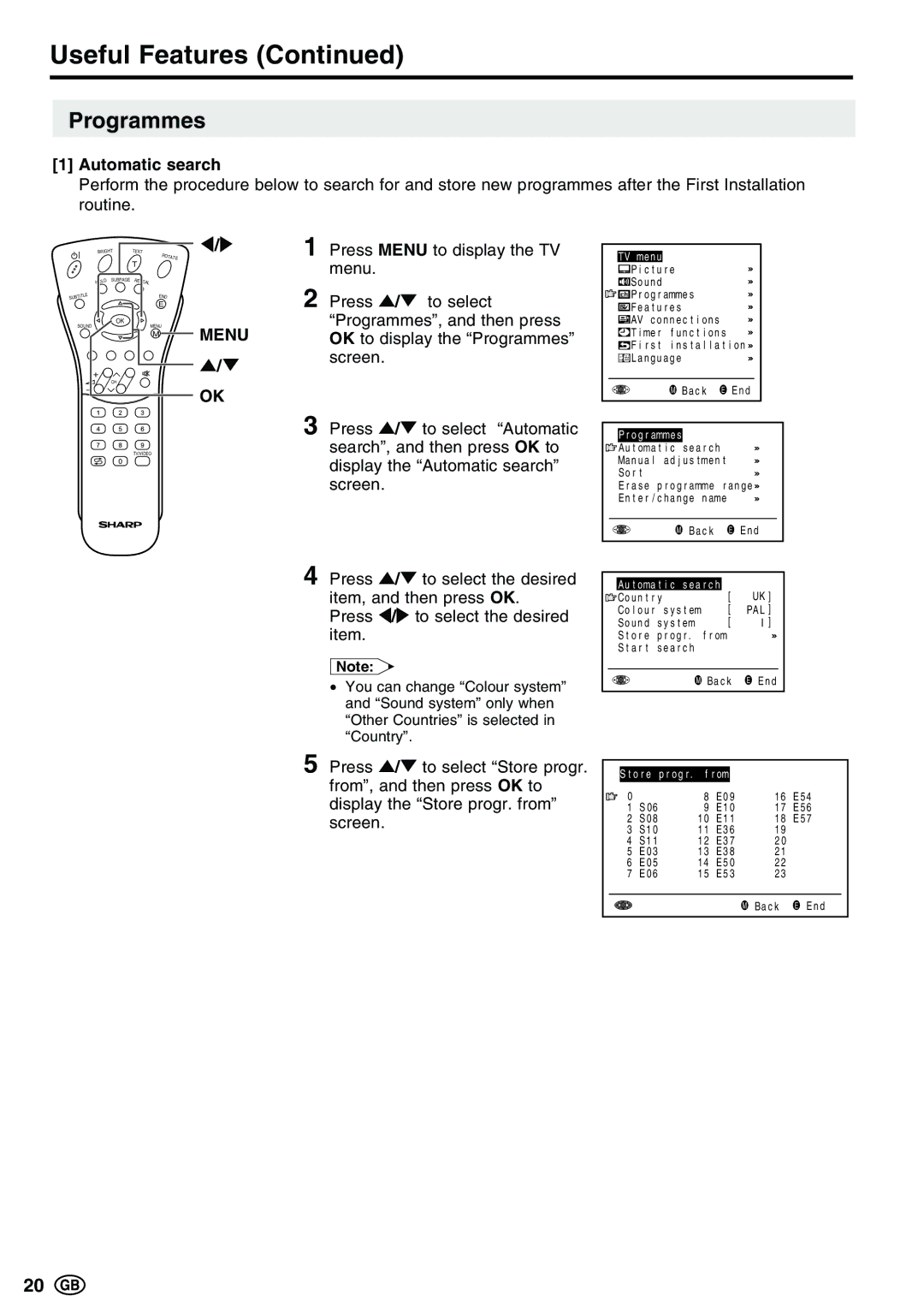 Sharp LC-15E13, LC-13E1E, LC-20E1E operation manual Programmes, Automatic search 