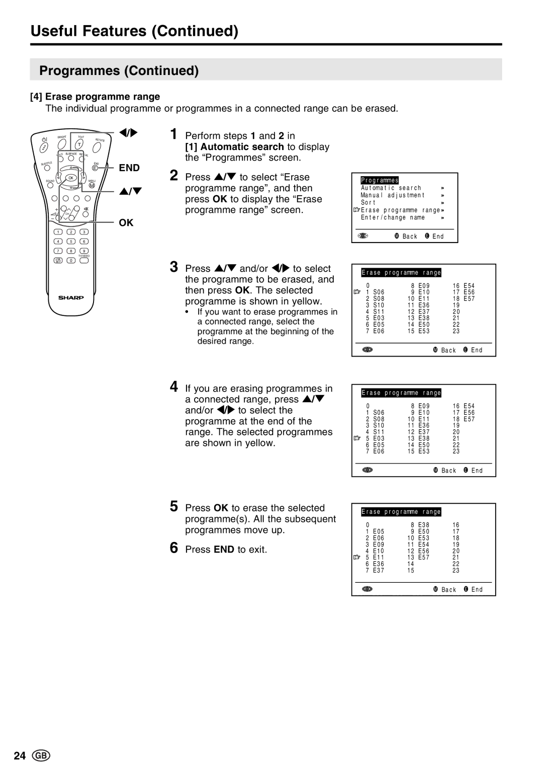 Sharp LC-20E1E Erase programme range, If you are erasing programmes, Press OK to erase the selected, Programmes move up 