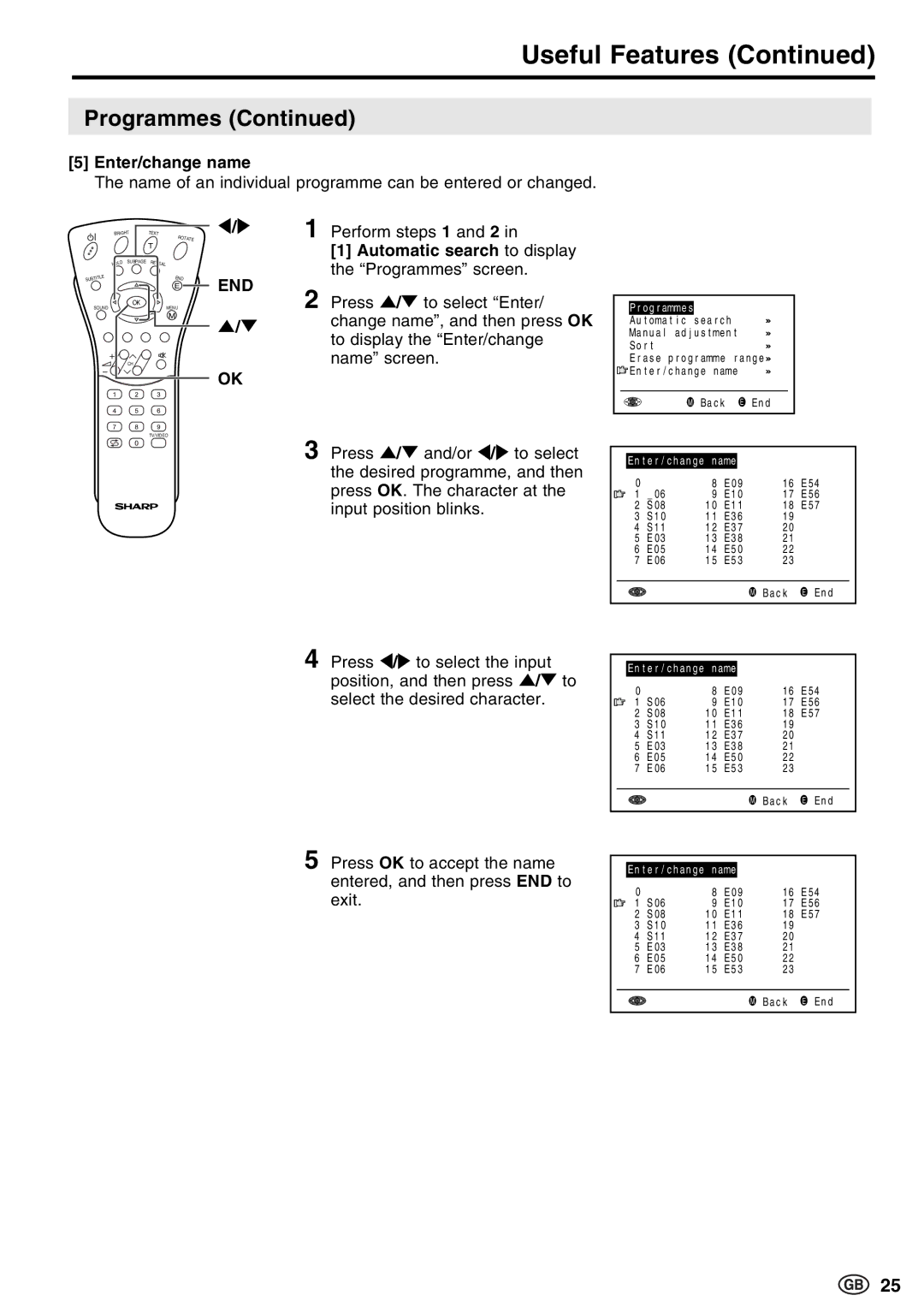 Sharp LC-13E1E, LC-15E13, LC-20E1E Enter/change name, Name of an individual programme can be entered or changed 