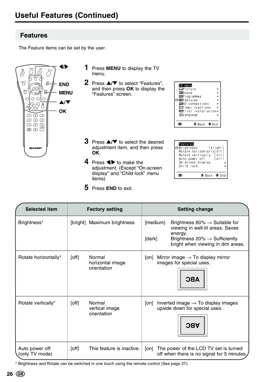 Sharp LC-15E13, LC-13E1E, LC-20E1E operation manual Features, Selected item Factory setting Setting change 