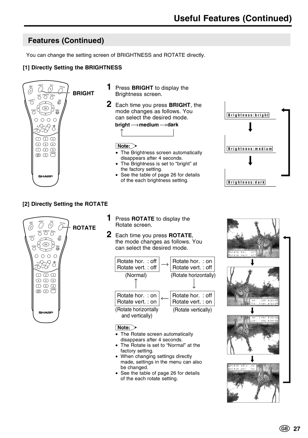 Sharp LC-20E1E, LC-13E1E, LC-15E13 operation manual Directly Setting the Brightness, Directly Setting the Rotate 