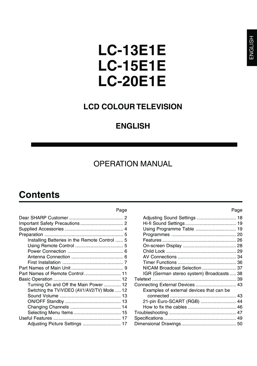 Sharp LC-15E13 operation manual LC-13E1E LC-15E1E LC-20E1E, Contents 