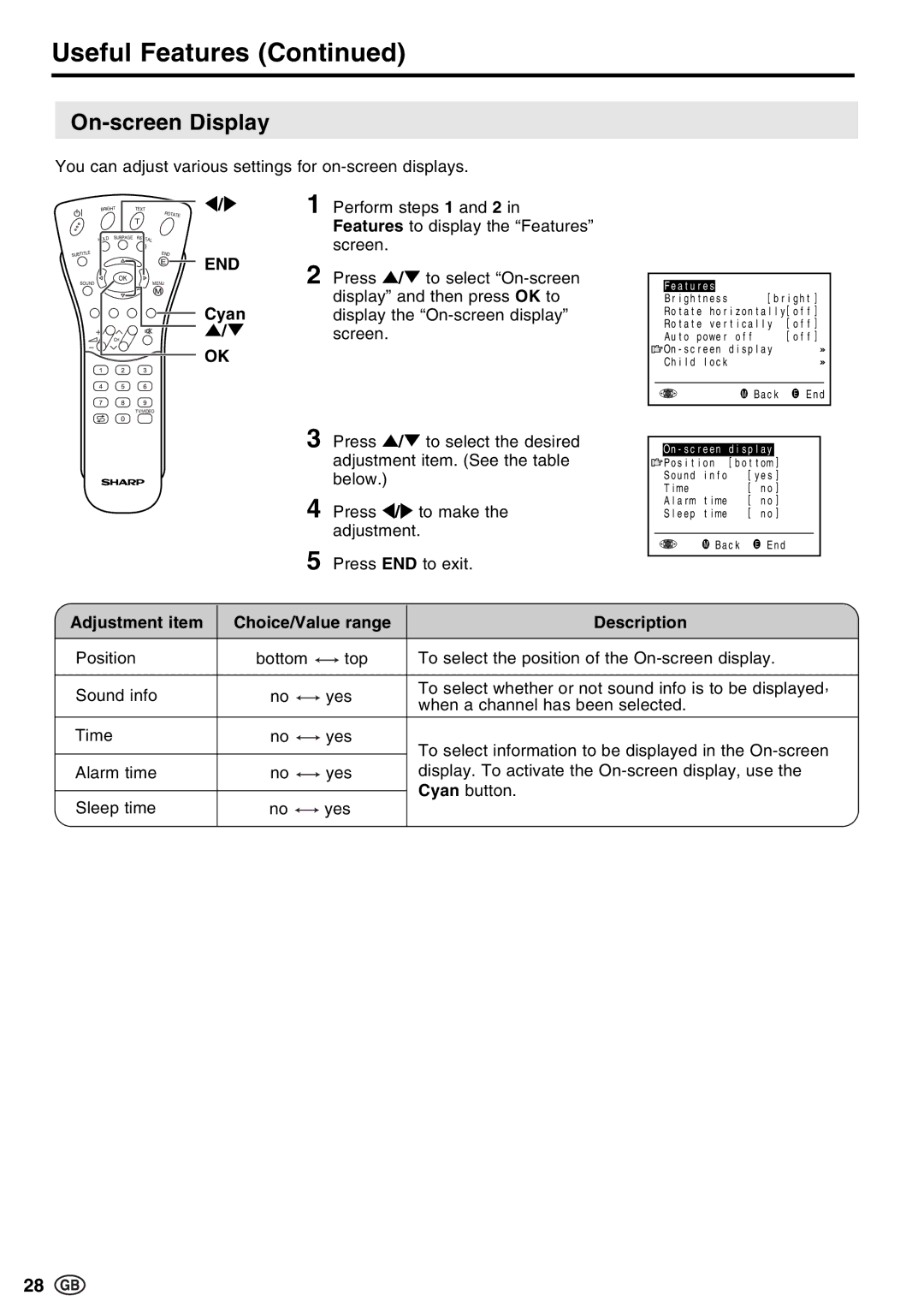 Sharp LC-13E1E, LC-15E13, LC-20E1E On-screen Display, You can adjust various settings for on-screen displays, Cyan 