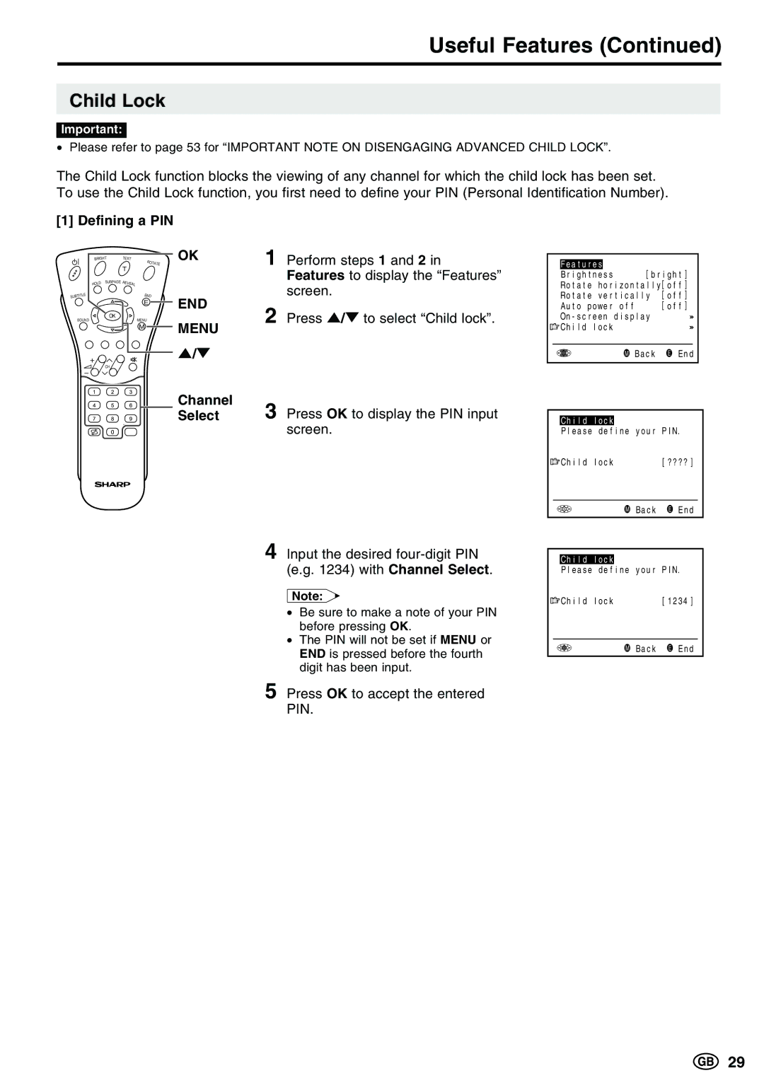 Sharp LC-15E13, LC-13E1E, LC-20E1E operation manual Child Lock, Defining a PIN, Press OK to accept the entered PIN 