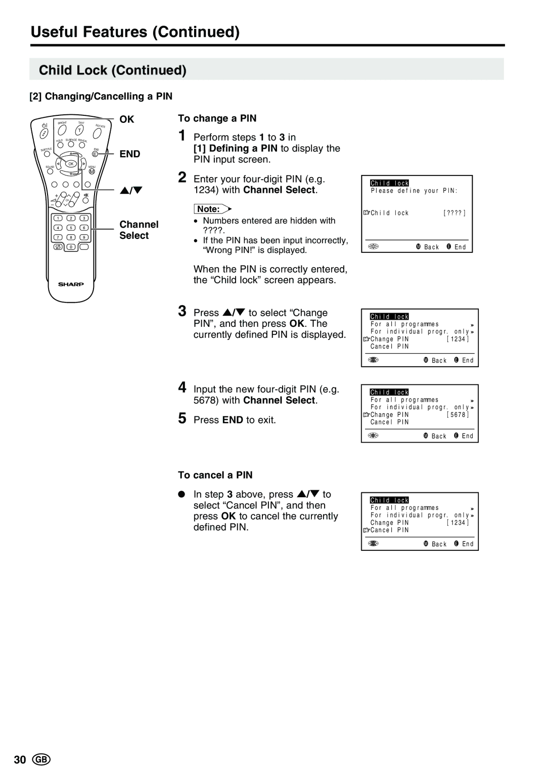 Sharp LC-20E1E Changing/Cancelling a PIN, Channel Select To change a PIN, Defining a PIN to display the PIN input screen 