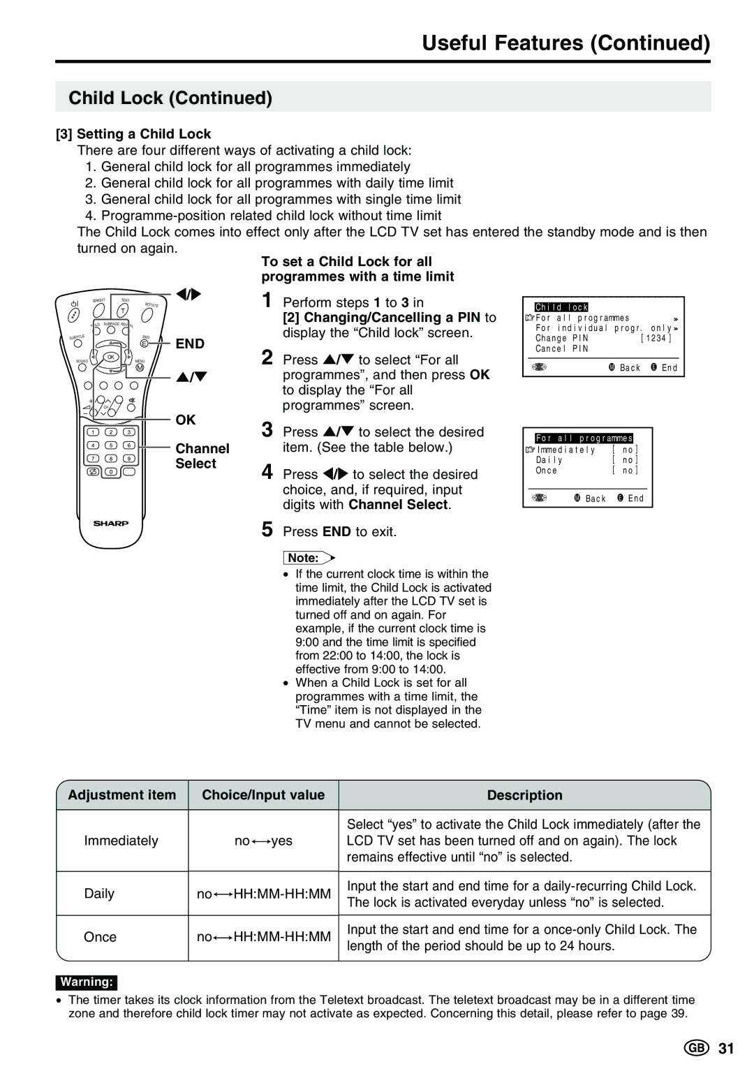 Sharp LC-13E1E, LC-15E13, LC-20E1E Setting a Child Lock, To set a Child Lock for all programmes with a time limit 