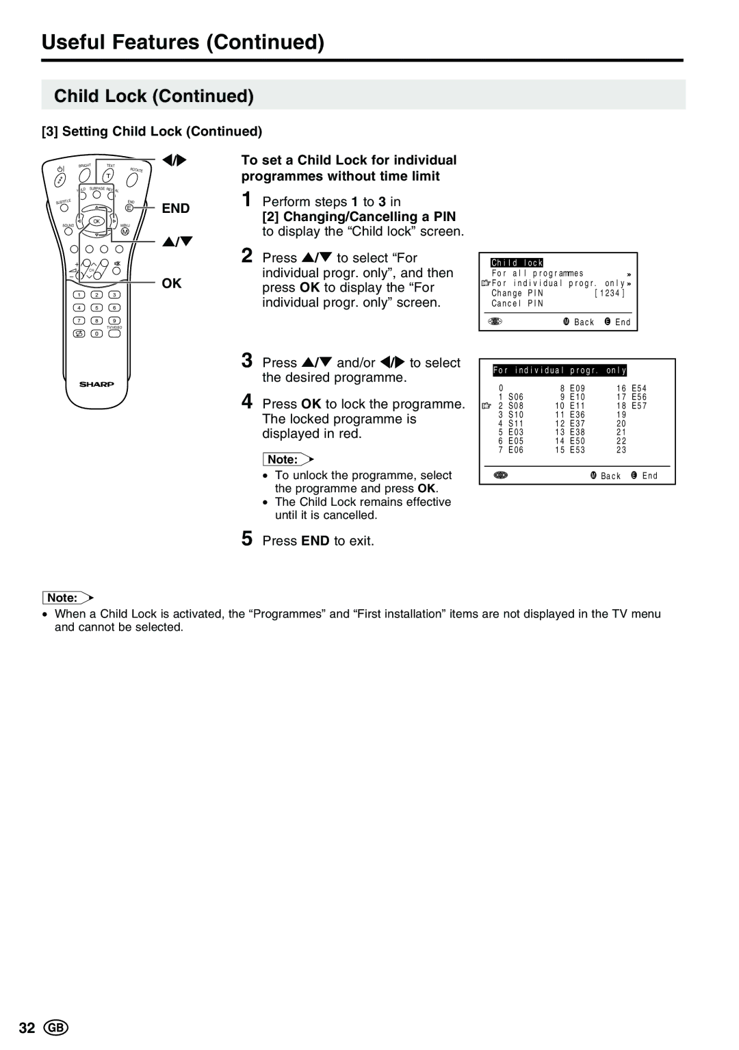 Sharp LC-15E13, LC-13E1E, LC-20E1E operation manual Setting Child Lock 