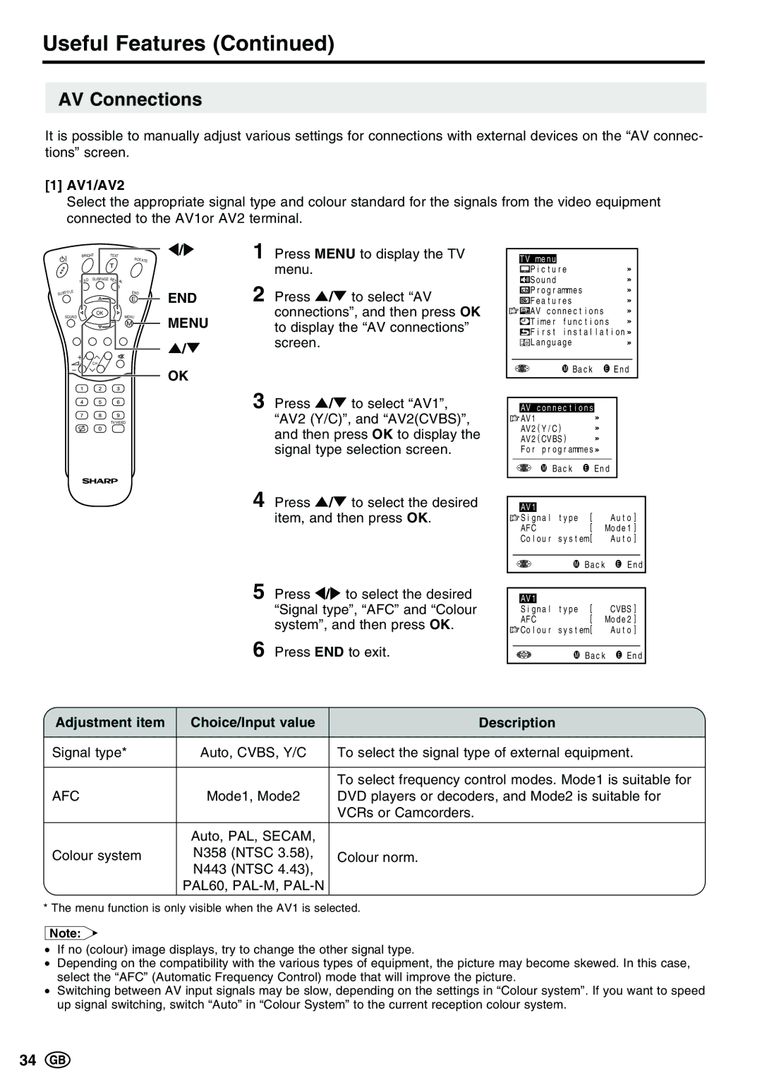 Sharp LC-13E1E, LC-15E13, LC-20E1E operation manual AV Connections, AV1/AV2, Adjustment item Choice/Input value Description 