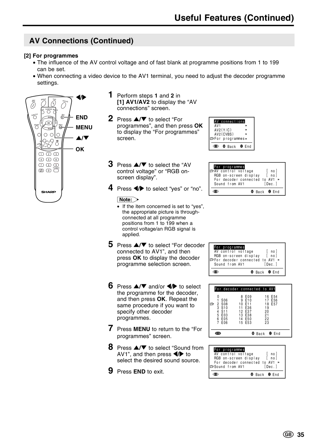 Sharp LC-15E13, LC-13E1E, LC-20E1E operation manual For programmes, Press / to select the AV 