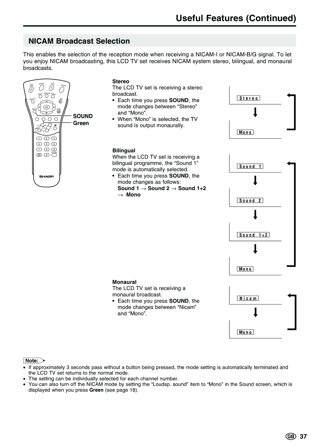 Sharp LC-13E1E, LC-15E13, LC-20E1E operation manual Nicam Broadcast Selection, Sound 