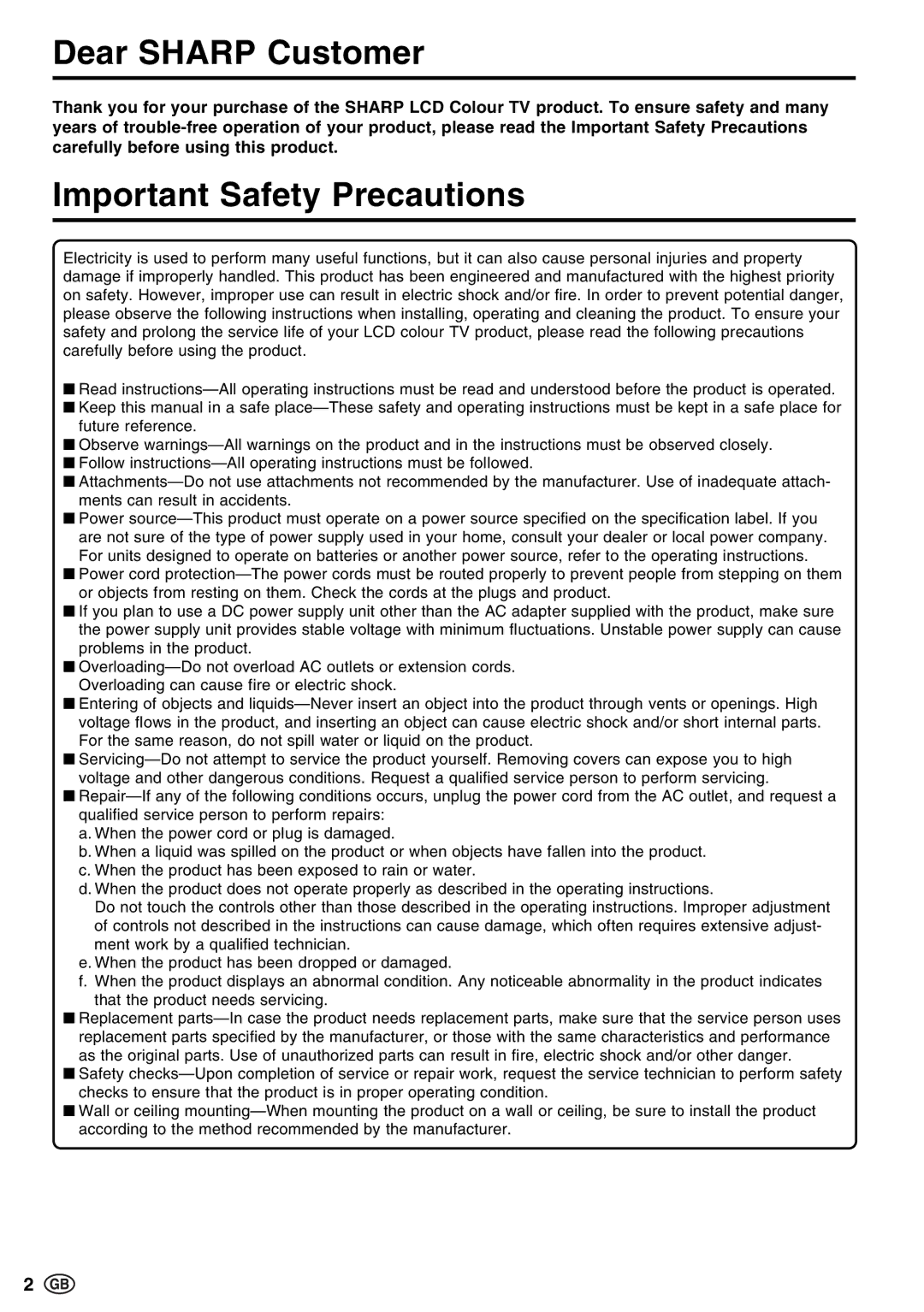 Sharp LC-15E13, LC-13E1E, LC-20E1E operation manual Dear Sharp Customer, Important Safety Precautions 