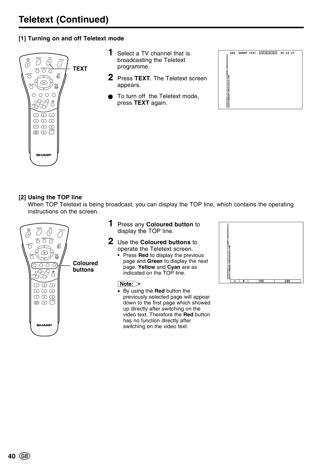 Sharp LC-13E1E, LC-15E13, LC-20E1E Turning on and off Teletext mode, Using the TOP line, Coloured buttons 