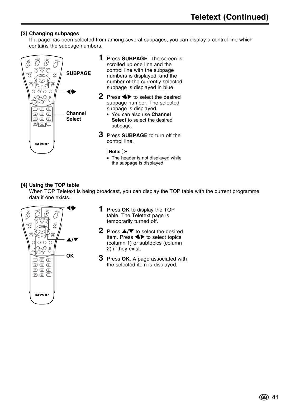 Sharp LC-15E13, LC-13E1E, LC-20E1E operation manual Changing subpages, Using the TOP table 