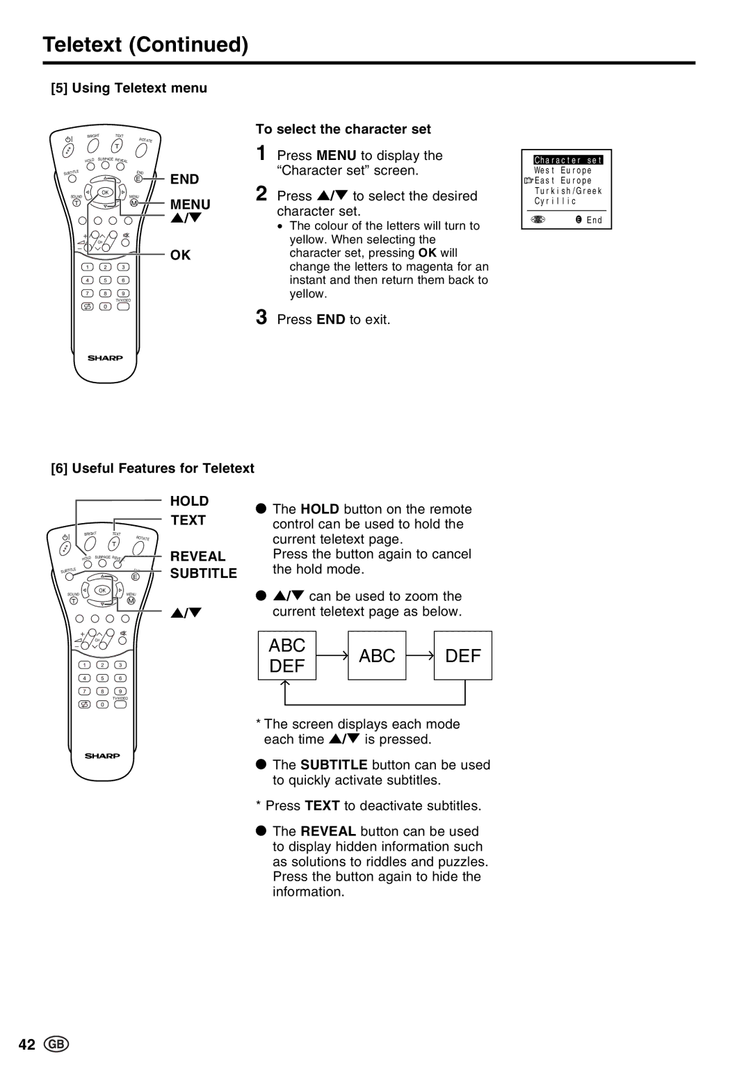 Sharp LC-20E1E, LC-13E1E, LC-15E13 Using Teletext menu, To select the character set, Useful Features for Teletext 