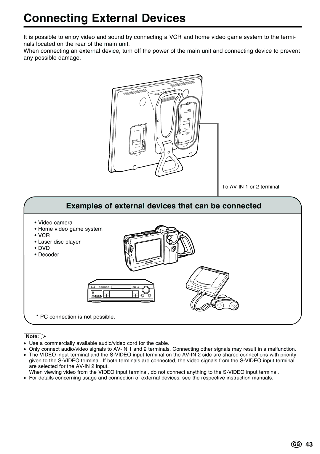 Sharp LC-13E1E, LC-15E13, LC-20E1E Connecting External Devices, Examples of external devices that can be connected 