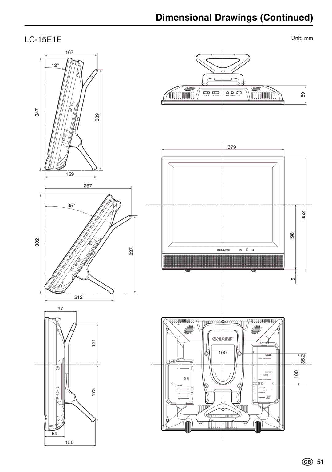 Sharp LC-20E1E, LC-13E1E, LC-15E13 operation manual 379, Dimensional Drawings 