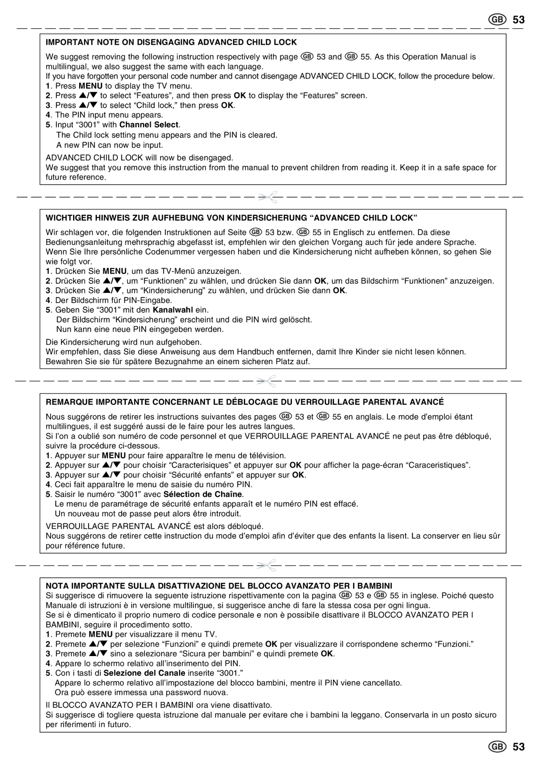 Sharp LC-15E13, LC-13E1E, LC-20E1E operation manual Important Note on Disengaging Advanced Child Lock 