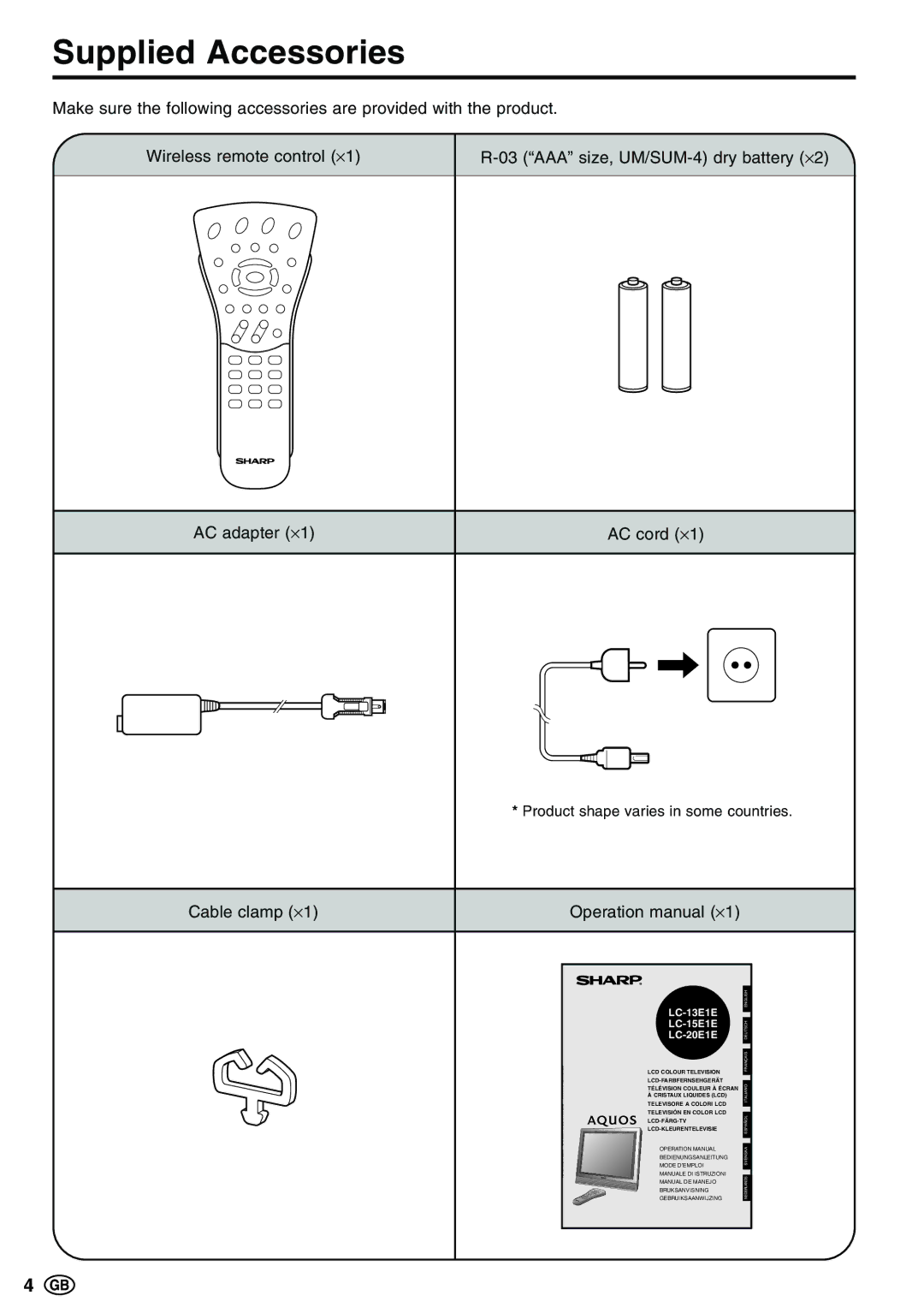 Sharp LC-13E1E, LC-15E13, LC-20E1E operation manual Supplied Accessories, Cable clamp ⋅1 