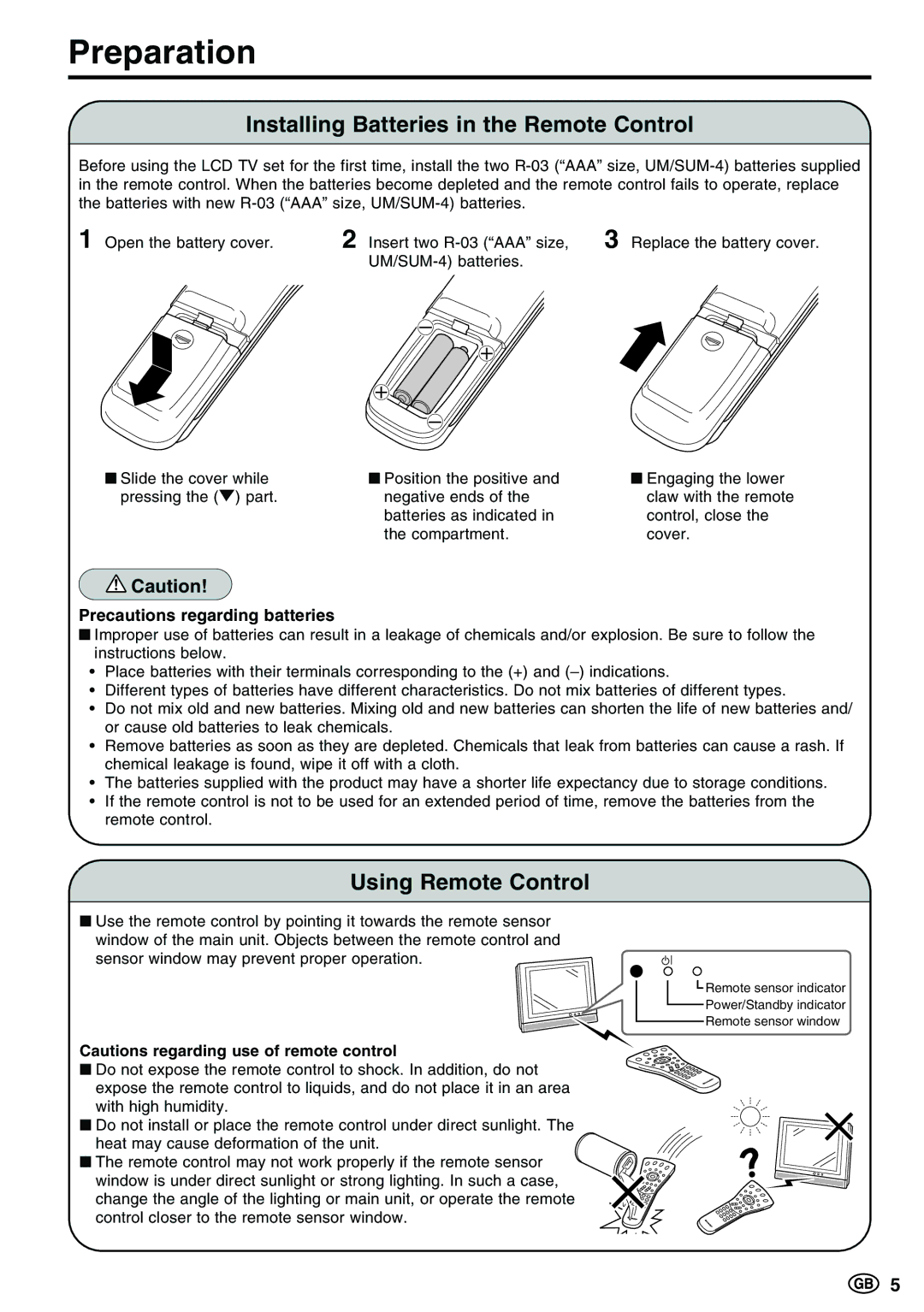 Sharp LC-15E13, LC-13E1E, LC-20E1E Preparation, Installing Batteries in the Remote Control, Using Remote Control 