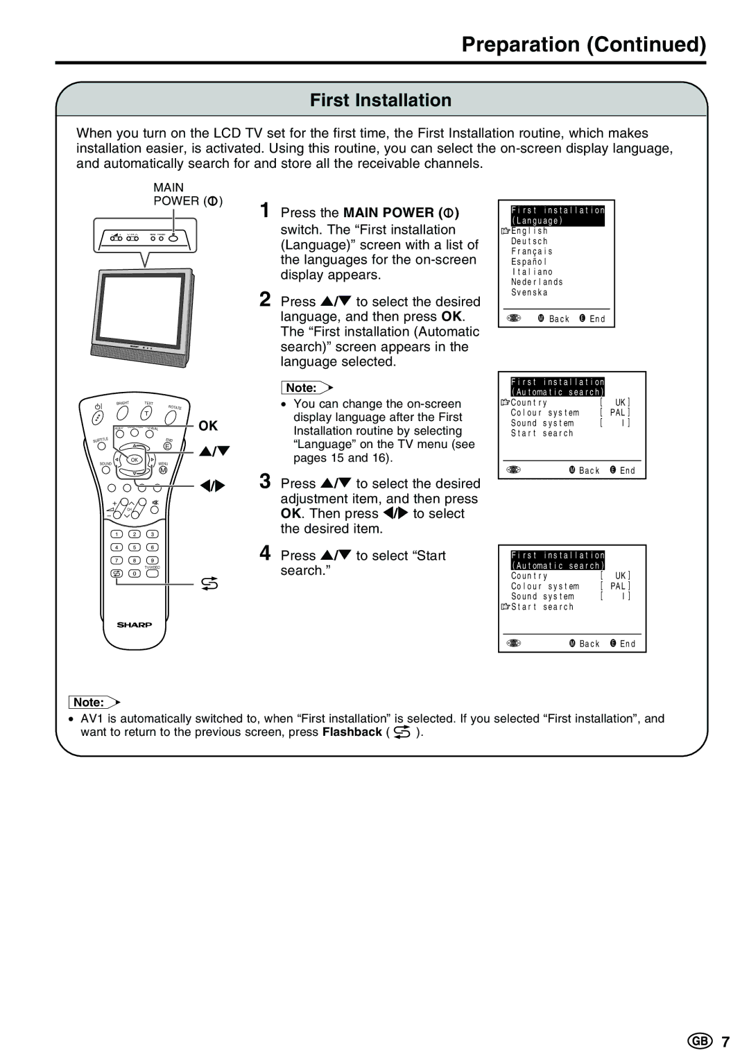 Sharp LC-13E1E, LC-15E13, LC-20E1E operation manual First Installation, Press the Main Power 