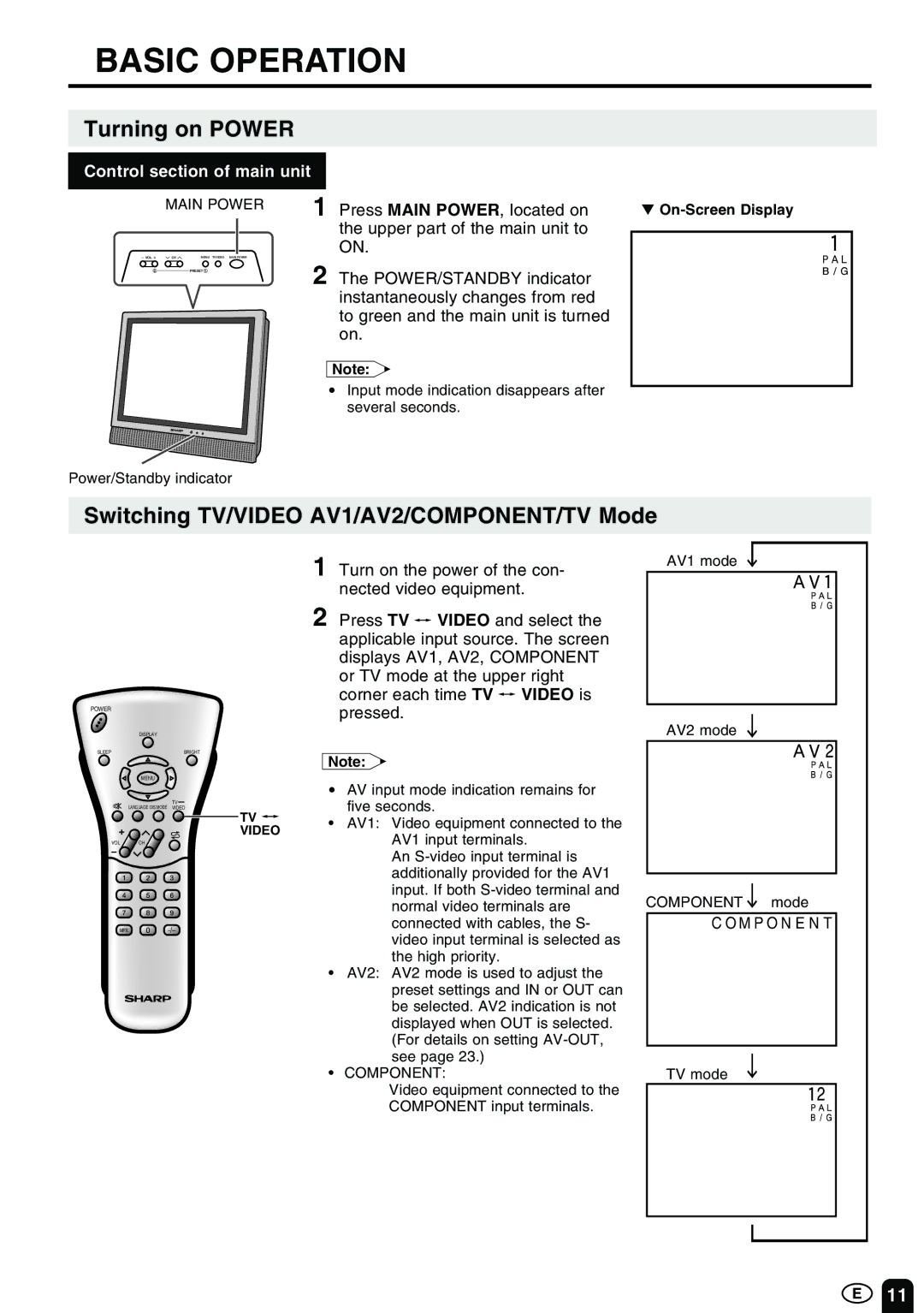 Sharp LC-13E1M LC-15E1M LC-20E1M 1 LC-13E1M LC-15E1M LC-20E1M operation manual Basic Operation, Turning on Power 