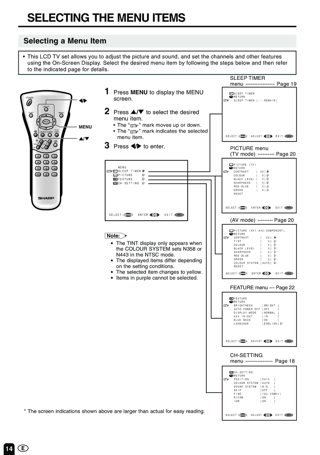 Sharp LC-13E1M LC-15E1M LC-20E1M 1 LC-13E1M LC-15E1M LC-20E1M Selecting the Menu Items, Selecting a Menu Item 