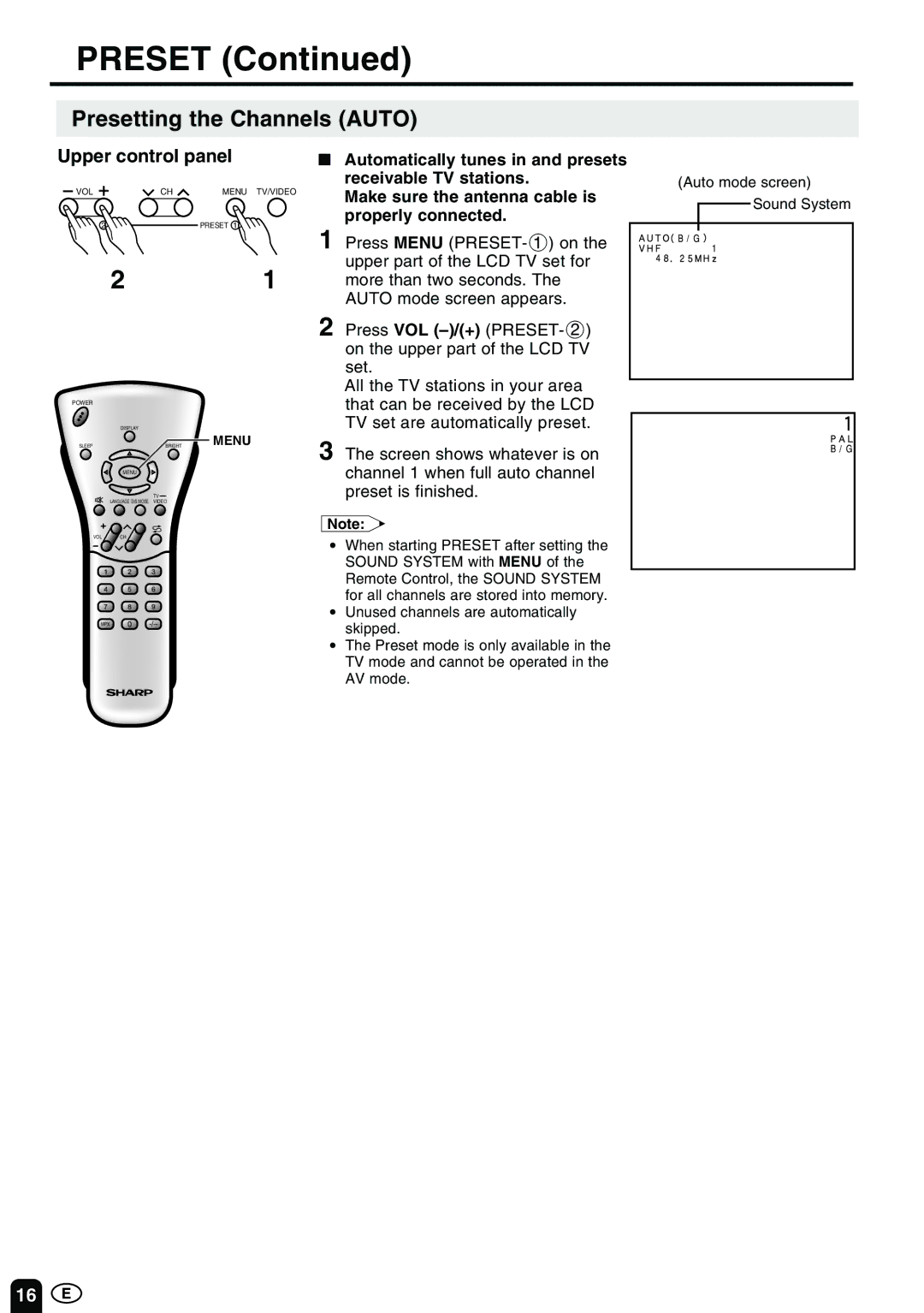 Sharp LC-13E1M LC-15E1M LC-20E1M 1 LC-13E1M LC-15E1M LC-20E1M operation manual Presetting the Channels Auto 