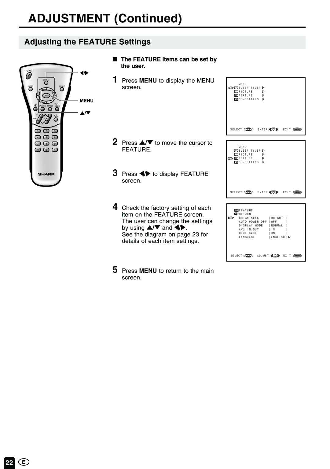 Sharp LC-13E1M LC-15E1M LC-20E1M 1 LC-13E1M LC-15E1M LC-20E1M operation manual Adjusting the Feature Settings 