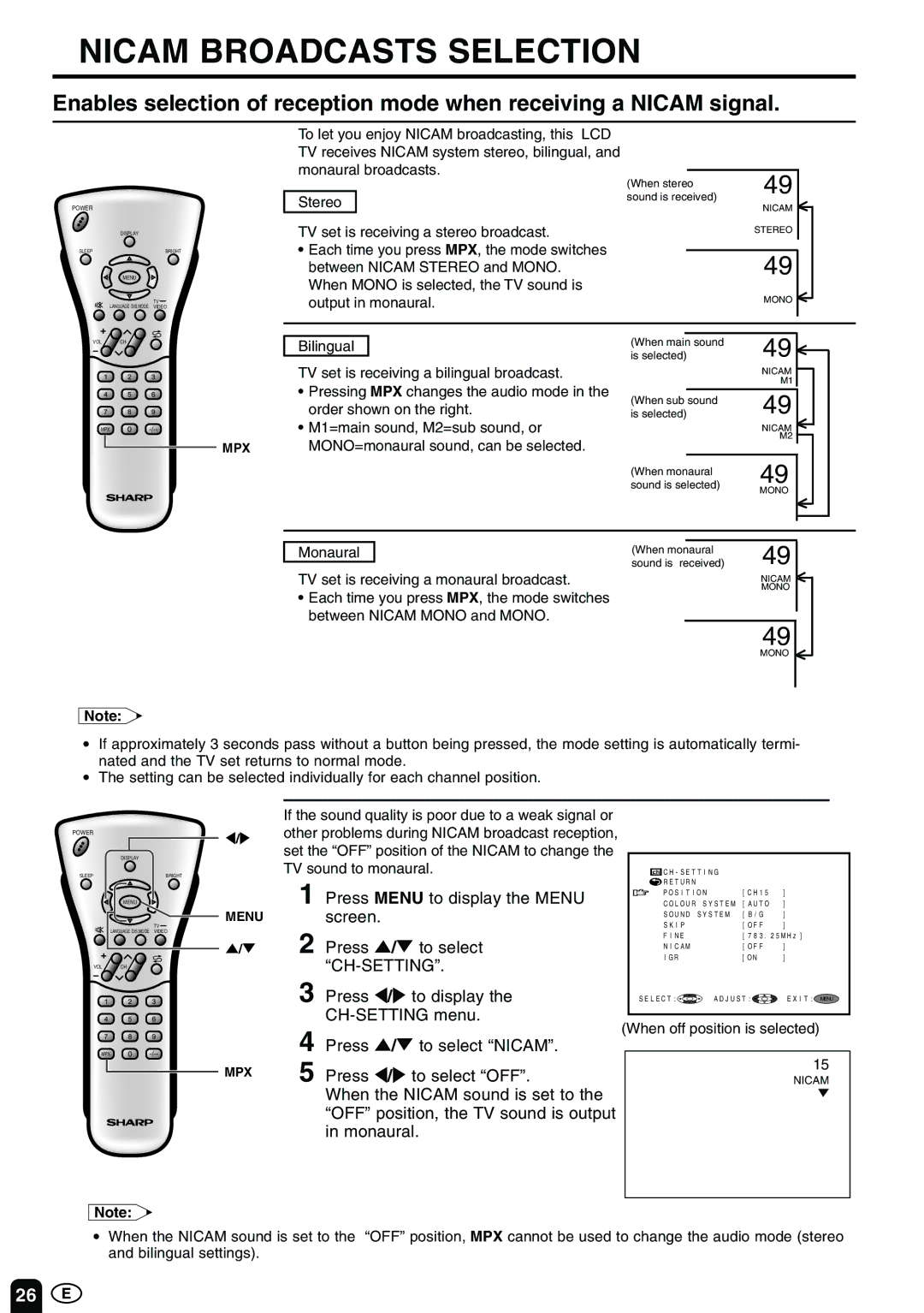 Sharp LC-13E1M LC-15E1M LC-20E1M 1 LC-13E1M LC-15E1M LC-20E1M operation manual Nicam Broadcasts Selection 