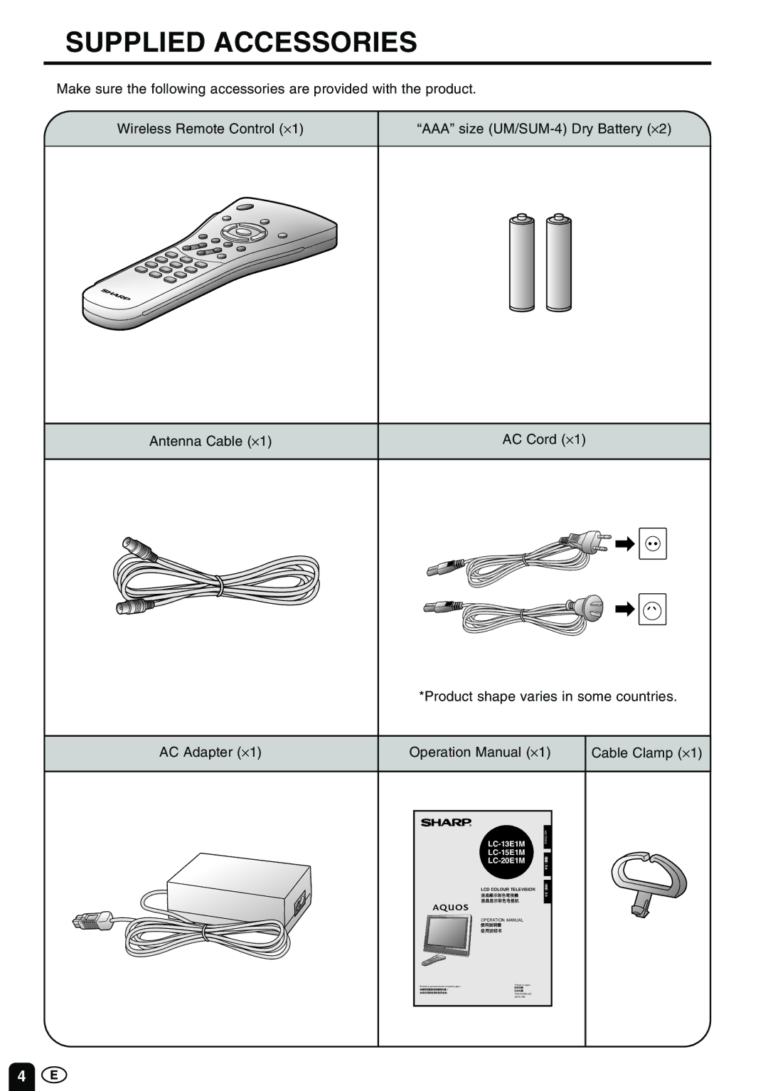 Sharp LC-13E1M LC-15E1M LC-20E1M 1 LC-13E1M LC-15E1M LC-20E1M operation manual Supplied Accessories 